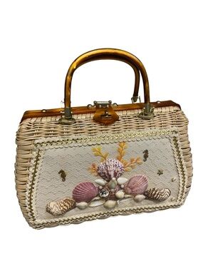 Vintage 50s 60s Woven Wicker Seashells Handbag Coastal Grandmillenial MCM